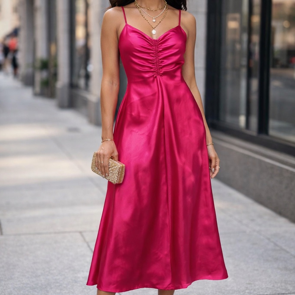 a new day Fuchsia Satin Midi Dress